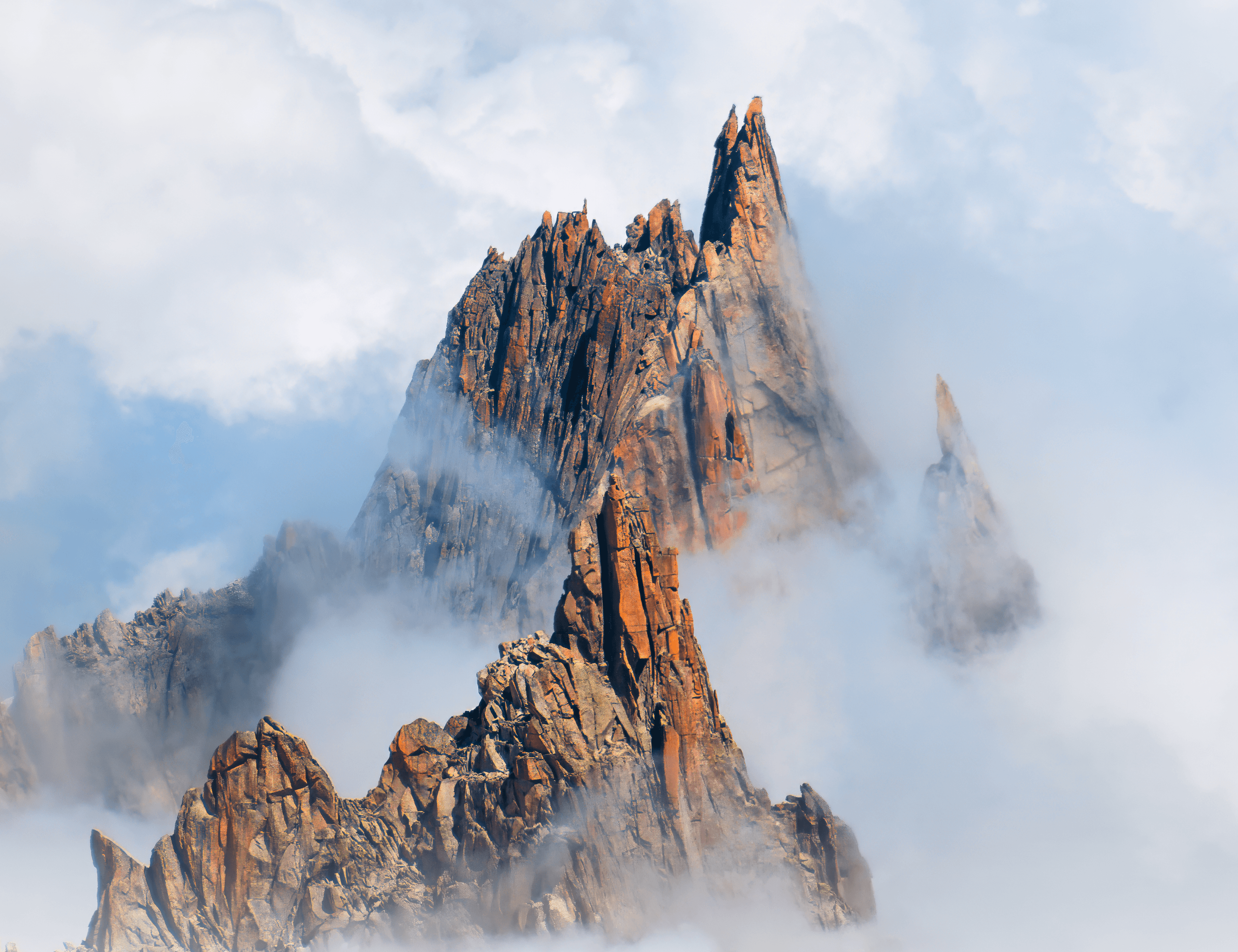 Jagged red-rock peaks piercing through clouds